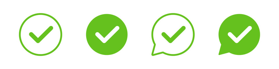 Colorful check mark icons in circle and speech bubble styles. Set of modern confirmation symbols in various shapes. Flat vector design on transparent background