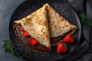 Against a black background with a copy space, a healthy breakfast is showcased, featuring homemade crepes topped with a colorful arrangement of strawberries, grapes, dragon fruit, golden kiwi, and
