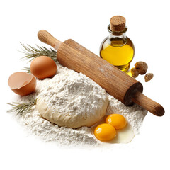 Crafting Culinary Delights: An inviting, high-angle shot showcases essential baking ingredients – flour, eggs, olive oil, and a rolling pin – arranged with artistic precision, set against an unseen.