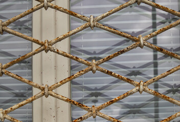 Close-up of rusty window bars with peeling paint, showing corrosion and urban decay textures