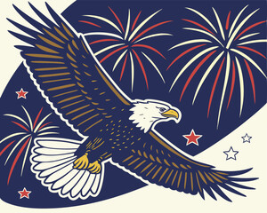 Bald Eagle with Fireworks Background, Majestic USA Symbol Design
