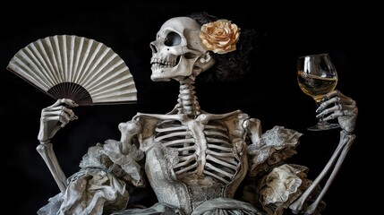 Elegant skeleton in dress holding fan and wine glass against black background, embodying dia de muertos theme