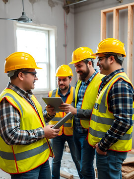 Vertical shot of bicultural engineers in hardhats using tablet pc while working in unfinished room