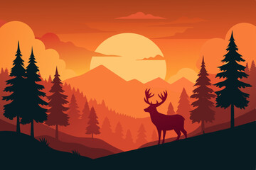 Naklejka premium Wild deer and horse silhouettes roam a mountain sunset landscape