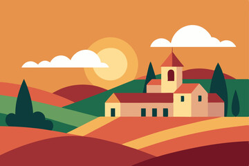 Vector illustration of a village, city, or old town with houses, landscapes, and nature under a sunny sky