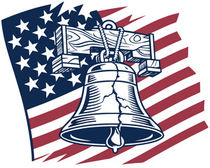 Liberty Bell with Stars and Stripes, Historic USA Symbol Graphic © abulkashem