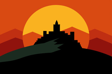 Obraz premium European castle city silhouette at sunrise with an orange sky