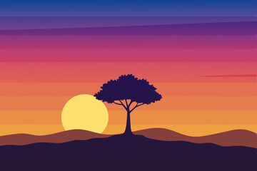 A vibrant sunset landscape silhouettes trees against a colorful sky, blending nature's beauty from dusk till dawn