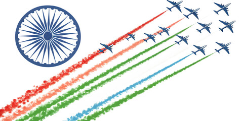 Indian Republic Day Air Force Flypast with Ashoka Chakra and Tricolor Smoke Trails A I G E N E R A T E D - P N G isolated on a transparent background