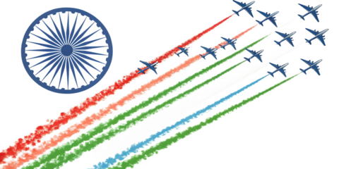 Indian Republic Day Air Force Flypast with Ashoka Chakra and Tricolor Smoke Trails A I G E N E R A T E D - P N G isolated on a transparent background
