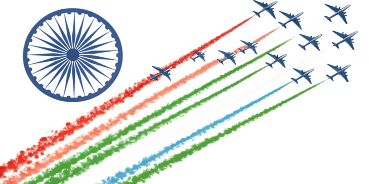 Indian Republic Day Air Force Flypast with Ashoka Chakra and Tricolor Smoke Trails A I G E N E R A T E D - P N G isolated on a transparent background