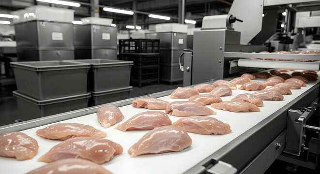 Poultry Processing Plant: Chicken Fillets On Conveyor Belt For Industrial Food Production