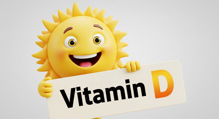 Smiling sun character holding sign reading "Vitamin D", showcasing health and wellness benefits of sunlight and vitamin D supplementation