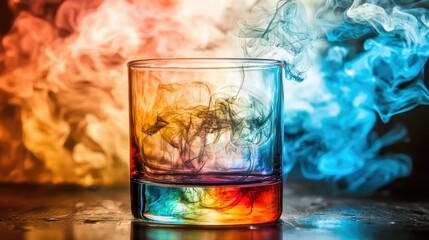 Colorful smoke swirls around a glass on a dark surface in an artistic display