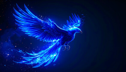 A Radiant Blue Phoenix with Glowing Feathers Soaring Through a Dark Celestial Sky