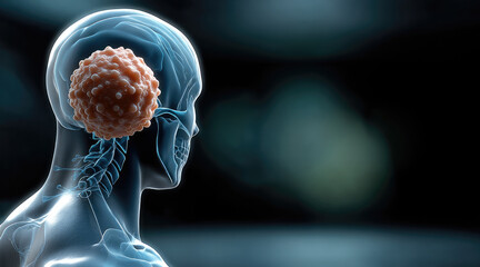 Human head side view, brain tumor, medical illustration, cancer cell, nervous system, digital art, healthcare concept