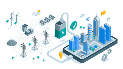 Isometric vector concept with a city on a smartphone screen and windy generators with solar panels on a white background, green ecological energy
