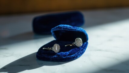 A pair of cufflinks with circular designs and intricate detailing rests inside a blue velvet box. A central gemstone adorns each cufflink. The box is open and placed on a marble surface, reflecting