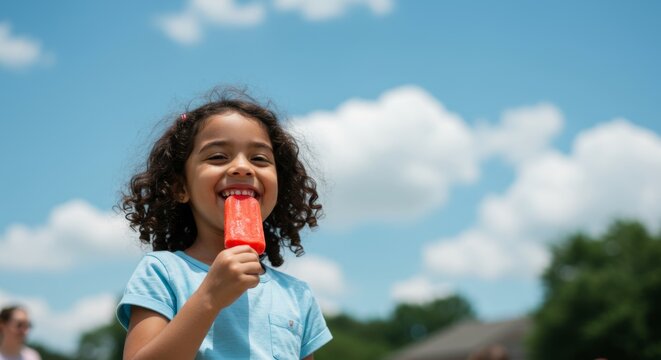 Young girl smiling while holding a popsicle outdoors in summer  