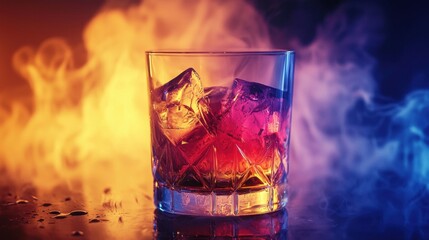 Colorful cocktail with ice cubes sits on bar counter surrounded by vibrant smoke in a creative drink presentation