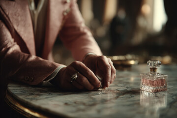 dramatic closeup of hand placing ring on marble table background in soft blur natural warm lighting sinspired