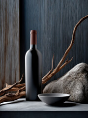 Naklejka premium Luxury matte red wine bottle with brown cap, ceramic bowl, stone, and dry branch on gray table, moody atmosphere