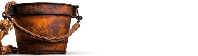 Fototapeta premium A weathered metal bucket with a rope handle, showcasing vintage charm and rustic aesthetics, ideal for gardening, home decor, or creative projects, Perfect for backgrounds or themed photography,