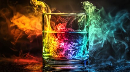 Colorful smoke patterns rising from a glass of water in a dark setting at night