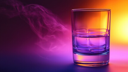 Vibrant glass of ice water against a colorful backdrop with smoky effects at twilight