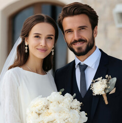 Bride groom wedding couple smiling outdoor elegant dress suit bouquet white flower happiness