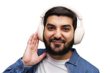 Man with headphones listening intently, ear cupped to hear better on a white background, smiling to...