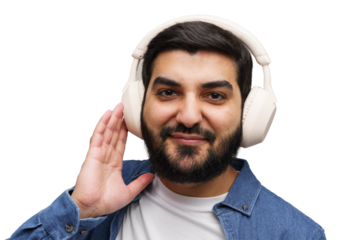 Man with headphones listening intently, ear cupped to hear better on a white background, smiling to camera