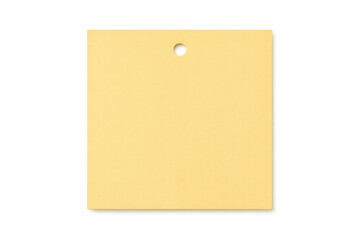 Yellow square tag with hanging hole, positioned on transparent surface, ready for custom branding or messaging