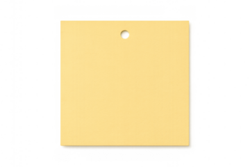 Yellow square tag with hanging hole, positioned on transparent surface, ready for custom branding or messaging