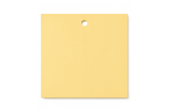Yellow square tag with hanging hole, positioned on transparent surface, ready for custom branding or messaging