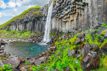 Ramarkable view of Svartifoss waterfall with basalt columns on southern part of Iceland.