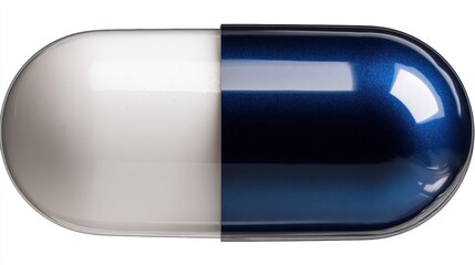 A detailed image of a large capsule with a glossy white and blue surface, ideal for applications in healthcare, pharmaceuticals, or wellness branding