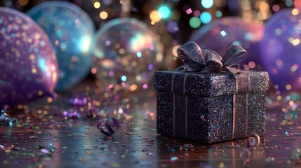 Close-up of a square gift box wrapped in dark iridescent paper with a satin ribbon bow. Surrounded by sparkling confetti and glowing balloons. Neon bokeh, moody lighting, and deep shadows