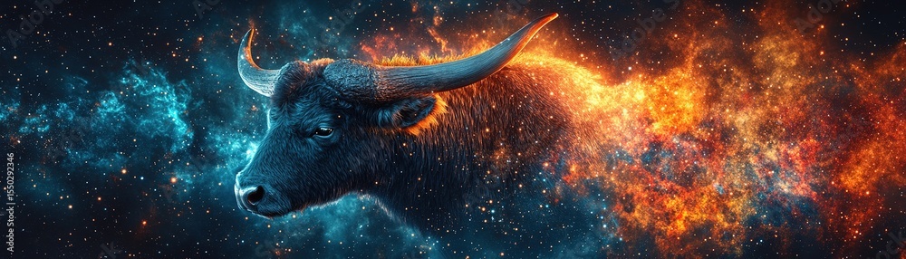 Wall mural cosmic bull encounter outer space digital art nebula environment side view surreal concept