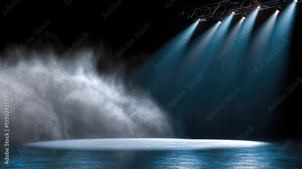Poster dramatic blue spotlight illuminates empty stage with misty atmosphere, creating mysterious and inten
