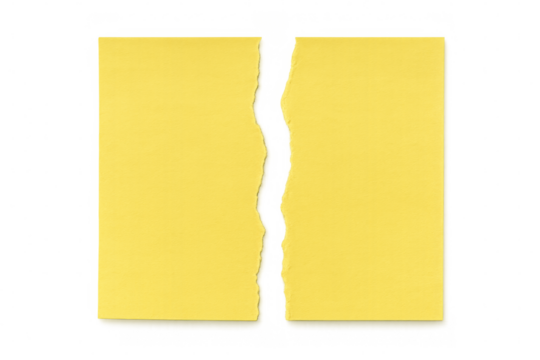 Torn yellow sheet of paper on transparent background, symbolizing a broken agreement or contract