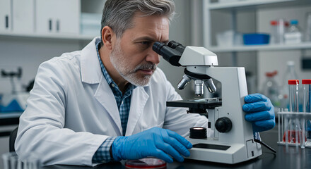 Scientist looking through a microscope in a laboratory setting