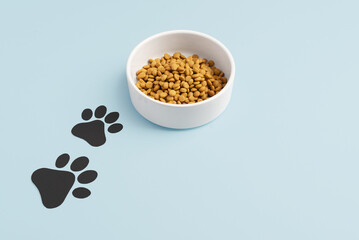 A white pet bowl filled with dry kibble and two black paws leading up to the bowl on a light blue background. Minimalistic dog or cat food concept