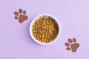 A white pet bowl filled with dry kibble and two brown paws leading up to the bowl on a light purple background. Minimalistic dog or cat food concept
