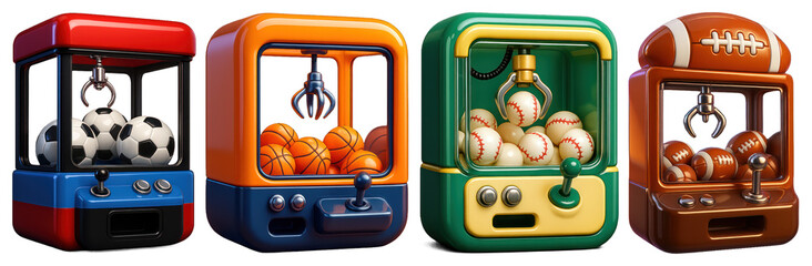 PNG Colorful sports-themed claw machines, element set on transparent background