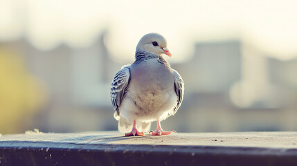 Fototapeta premium Baby pigeon closeup on urban rooftop, soft blur background, wildlife capture