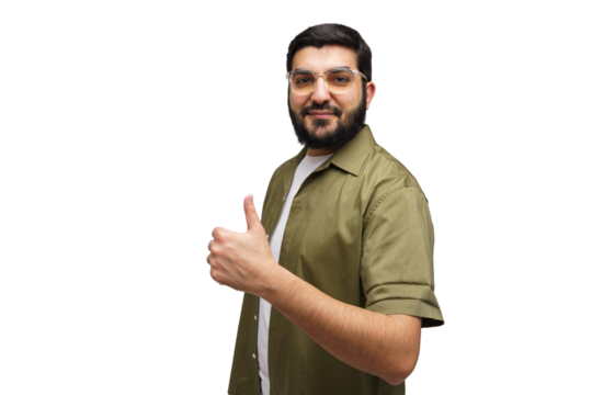 Feeling confident as ali shows his approval with a thumbs up on a plain white background, promoting positive energy and agreement - Powered by Adobe