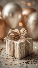 Close-up of a square gift box wrapped in elegant glossy paper with a luxurious ribbon bow. Surrounded by metallic confetti and shimmering balloons. Soft cinematic lighting, smooth bokeh, rich tones 