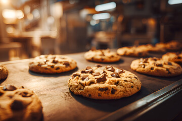 Freshly Baked Chocolate Chip Cookies Cooling on a Baking Sheet in a Warm Kitchen Environment
