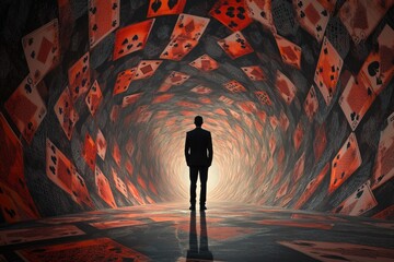 A solitary figure stands in a swirling tunnel of playing cards